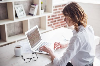 Güzel iş kadını bir dizüstü bilgisayar kullanarak ve ofiste çalışırken gülümseyen