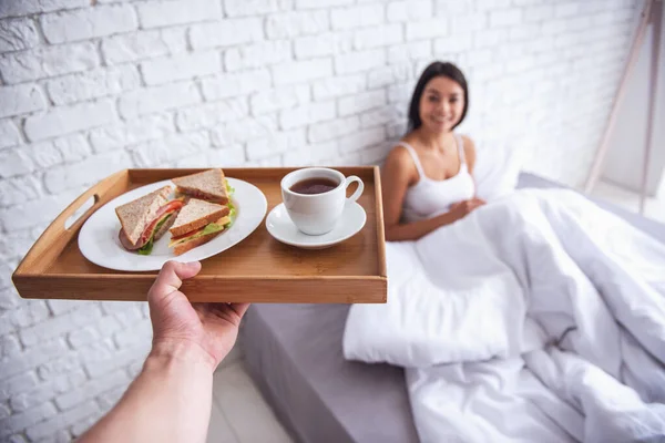 Good Morning Happy Young Beautiful Woman Awaiting Breakfast Bed Her — Stock Photo, Image