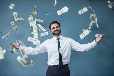 Resmi kıyafetli yakışıklı sakallı işadamı hakkında banknotlar atma ve gri arka plan üzerinde gülümseyen