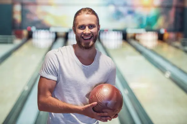Handsome Young Man Holding Bowling Ball Looking Camera Smiling Ready — Stock Photo, Image