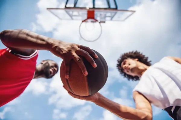 Bottom View Handsome Basketball Players Playing Basketball Court Outdoors — Stock Photo, Image