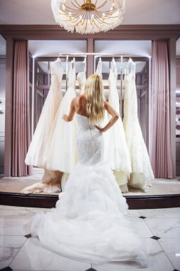 Modern düğün Salonu, tam uzunlukta Gelinlik Seçimi çekici genç gelinin arkadan görünüm