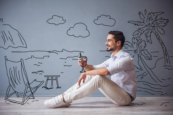Handsome Man Smart Casual Clothes Imitating Holding Cocktail Smiling While — Stock Photo, Image