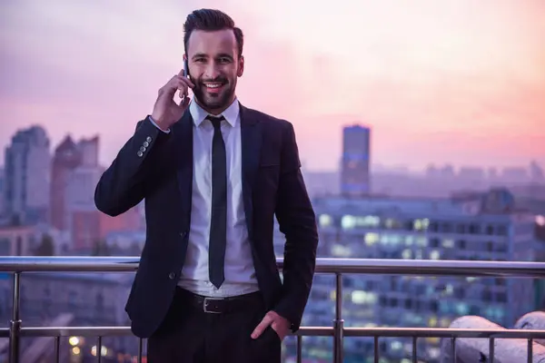 Handsome Businessman Suit Talking Mobile Phone Smiling While Standing Balcony — Stock Photo, Image