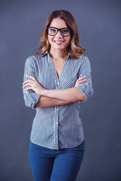 Attractive Young Woman Casual Clothes Eyeglasses Looking Camera Smiling While Royalty Free Stock Images