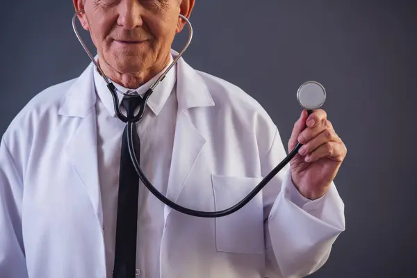 Handsome Old Doctor Medical Coat Using Stethoscope Gray Background Cropped — Stock Photo, Image