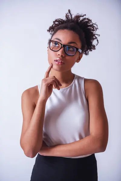 Beautiful Girl Eyeglasses Looking Upward Thinking Isolated White Stock Image