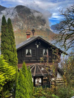 Avusturya Alpleri 'nde göl kenarındaki evler. Avrupa. Salzkammergut bölgesi.,