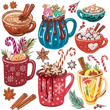 Sıcak kış içecekleri koleksiyonu. Sonbahar ve kış tatilleri