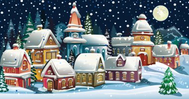 Evleri ve dağlarıyla karlı kış vektör manzarası