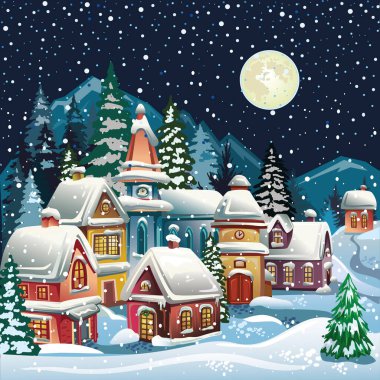 Evleri ve dağlarıyla karlı kış vektör manzarası