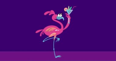 The funny Flamingo with a glass of cocktail . High quality 4k footage