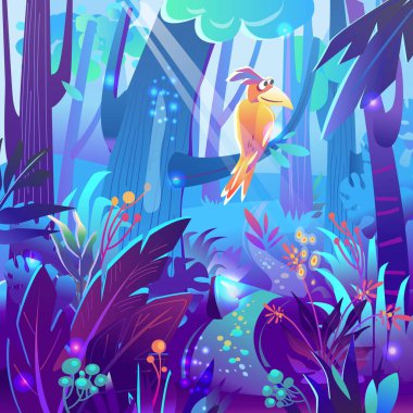 Magical forest, Vector fairy tale illustration with trees, flowers and grass in mystic purple light, For game design, print, websites and mobile phones