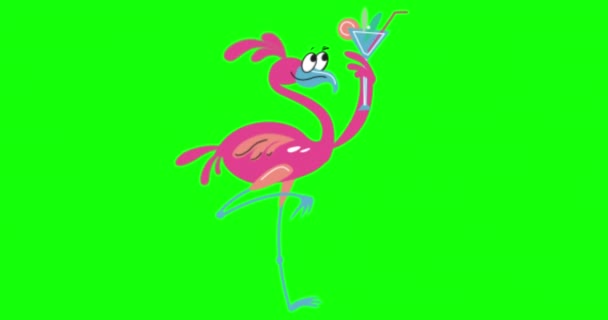 Grappige Flamingo Beelden Met Een Glas Cocktail Chroma Toets Alfa — Stockvideo