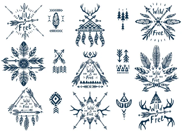 Conjunto Letras Wild Free Cita Tribal Elements Inspirational Sobre Libertad — Archivo Imágenes Vectoriales