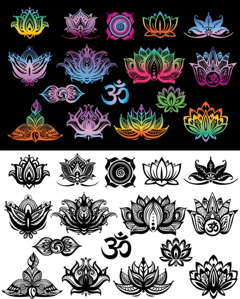 Lot Fleurs Ornementales Lotus Noir Blanc Couleur — Image vectorielle