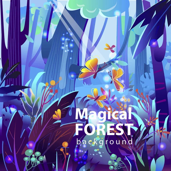 Волшебный Лес Векторная Сказка Иллюстрация Деревьями Цветами Травой Мистическом Фиолетовом — стоковый вектор
