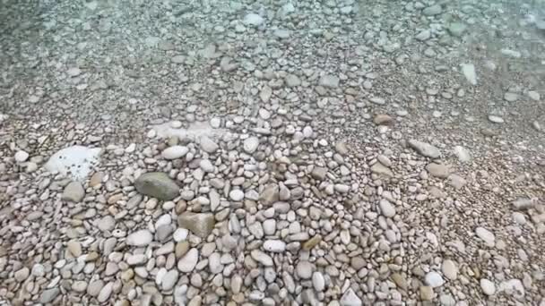 Guijarros Húmedos Del Mar Playa Ola Espumosa Que Aproxima — Vídeos de Stock