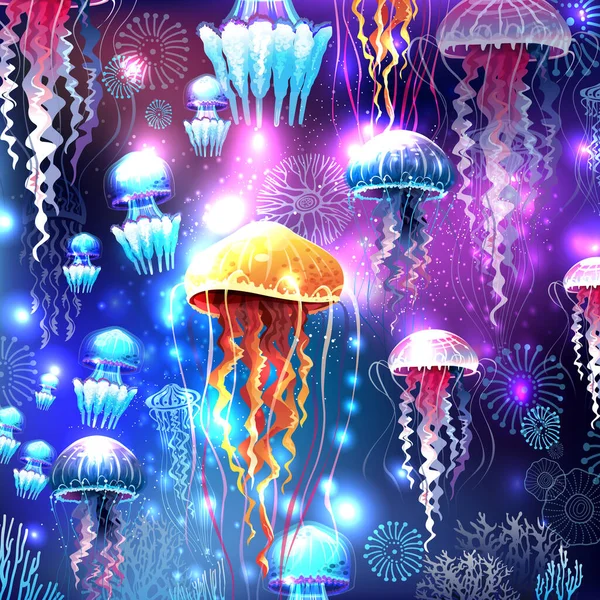 Vivid Neon Light Abstract Vector Illustration Jellyfish — Stock Vector