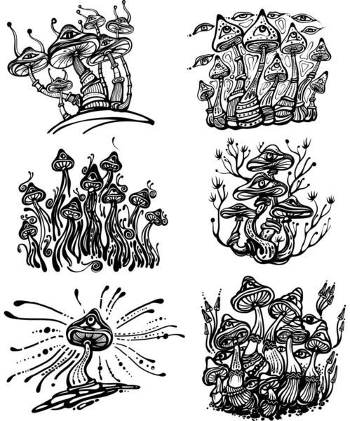 Fantasy Magic Mushrooms Strange Fairy Tale Vektor Zeichnung Von Schwarz — Stockvektor