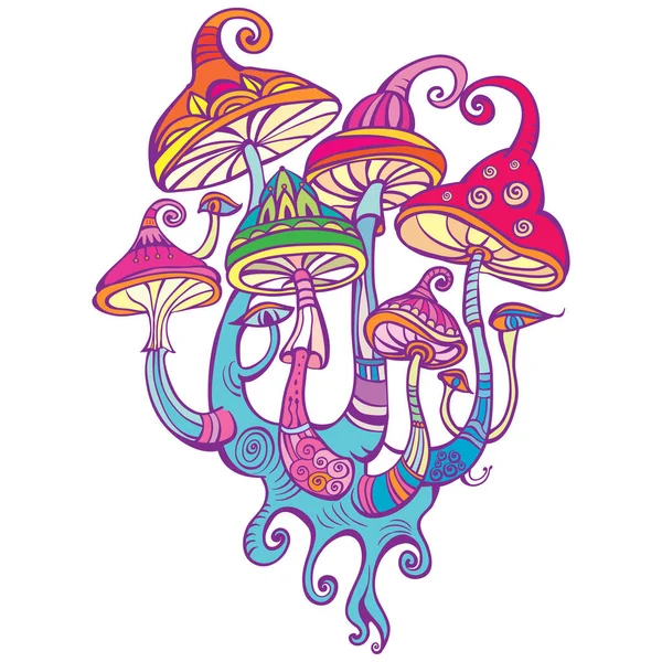 Group Decorative Magic Mushrooms Psychedelic Art — Stock Vector