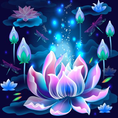 Lotus çiçekleri ve yusufçuklarla dolu bir arka plan. Aydınlanma, meditasyon ve evrenin simgesi.