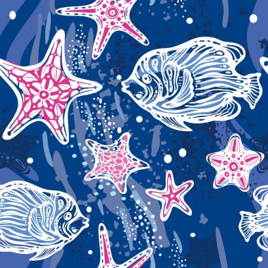 Deniz temalı kusursuz bir moda deseni, tasarım, duvar kağıdı, egzotik kumaş, ambalaj.,