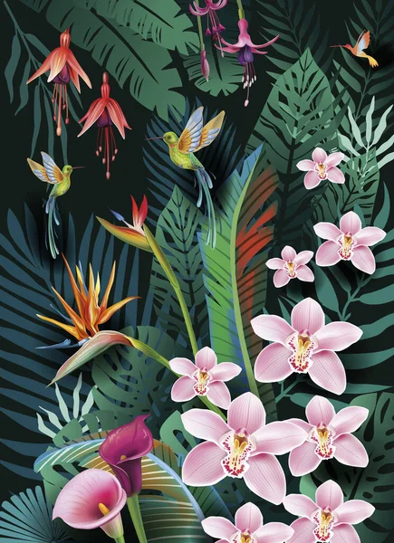 热带花朵 树叶和鸟类的背景 热带天堂 — 图库矢量图片