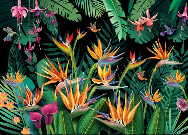 Tropik Çiçeklerle Yapraklarla Kuşlarla Tropikal Cennetlerle Dolu Bir Arka Plan — Stok Vektör