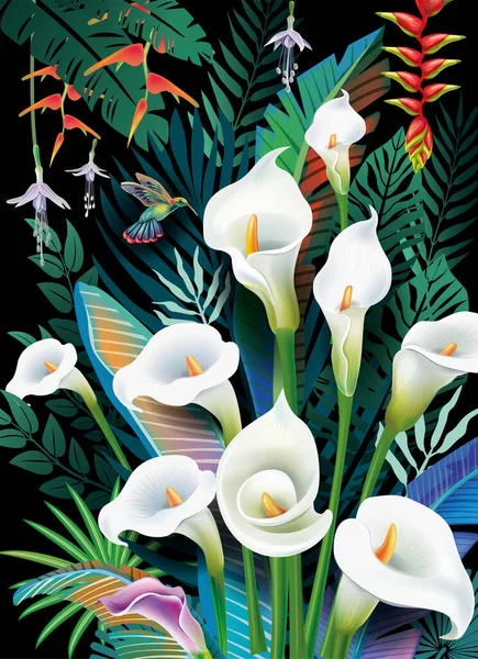 Ιστορικό Τροπικά Λουλούδια Φύλλα Και Πουλιά Τροπικός Παράδεισος — Διανυσματικό Αρχείο