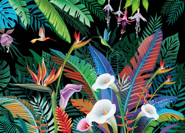 Fundo Com Flores Tropicais Folhas Pássaros Paraíso Tropical —  Vetores de Stock