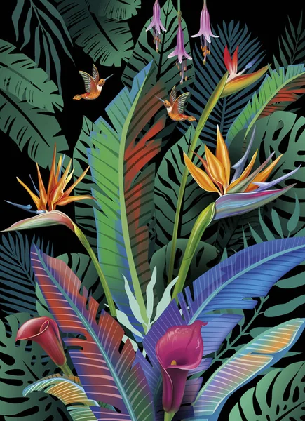 Tropik Çiçeklerle Yapraklarla Kuşlarla Tropikal Cennetlerle Dolu Bir Arka Plan — Stok Vektör