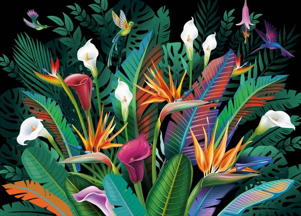 Фон Тропічними Квітами Листям Птахами Тропічний Рай — стоковий вектор