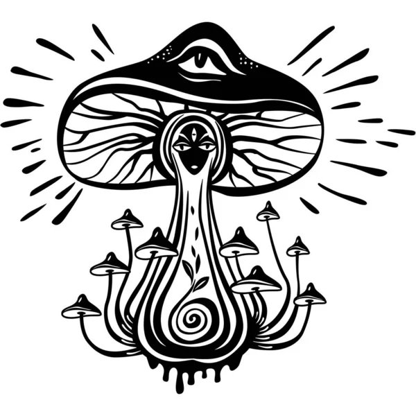 Mystická Psychedelická Houba Magic Hippie Boho Art Černobílá Vektorová Ilustrace — Stockový vektor