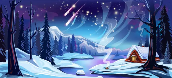 Winter Vector Landscape House River Forest — Stock Vector