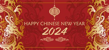 Çin Yeni Yılı, tebrik kartı, afiş, ejderha sembollü poster, vektör düz illüstrasyon için kavram tatil şablonu