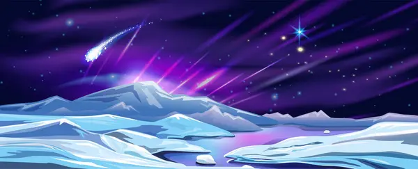Landscape Northern Lights Snowy Mountains Vector Illustration — Vetor de Stock