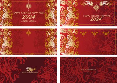 Tebrik kartı, afiş, ejderha sembollü poster, vektör düz illüstrasyon için şablon seti