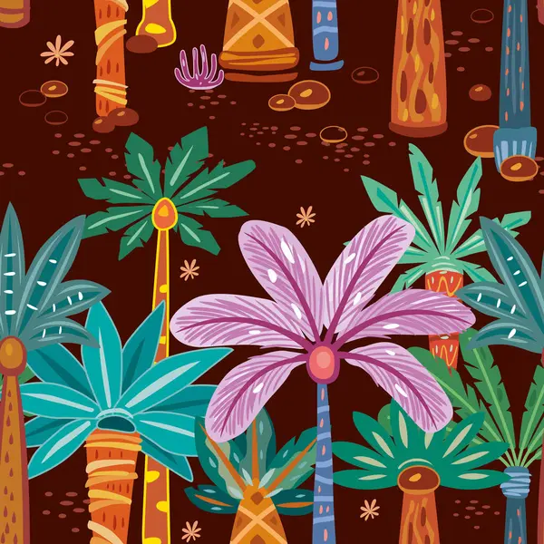 带有抽象装饰棕榈和树木的无缝图案 — 图库矢量图片