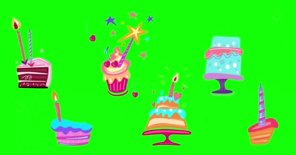 緑のスクリーンの背景に楽しい手描きのスタイルで漫画の誕生日ケーキのセット — ストック動画