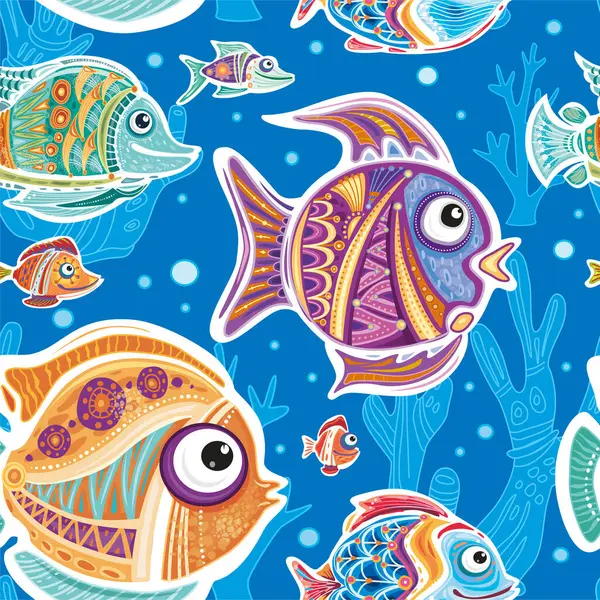 Безшовний Візерунок Декоративними Рибами Коралами Водоростями Ліцензійні Стокові Ілюстрації