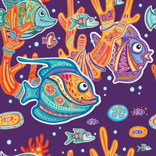 Безшовний Візерунок Декоративними Рибами Коралами Водоростями — стоковий вектор