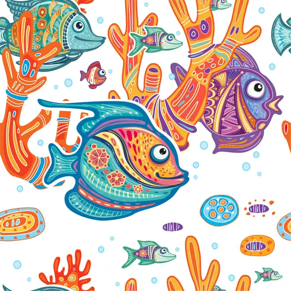 Безшовний Візерунок Декоративними Рибами Коралами Водоростями — стоковий вектор