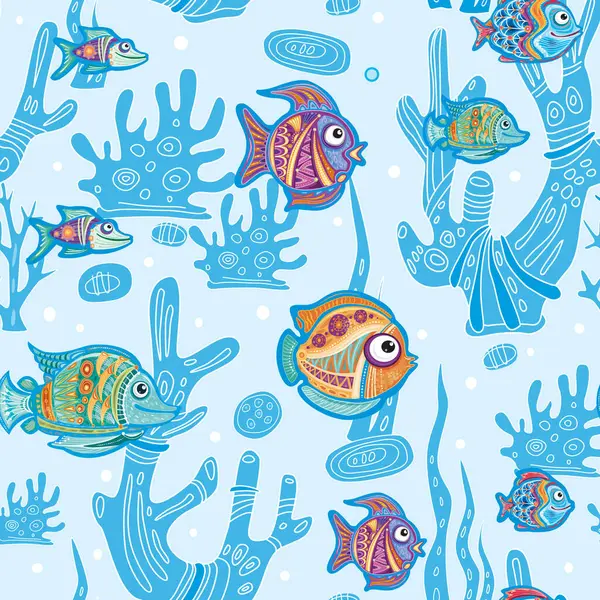 Padrão Sem Costura Com Peixes Decorativos Corais Algas Ilustrações De Stock Royalty-Free