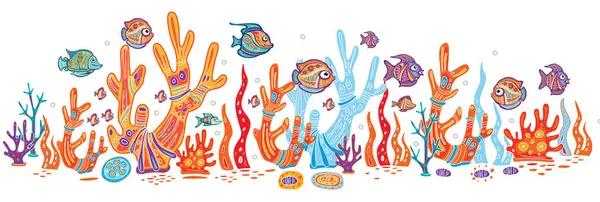 Кордон Декоративними Коралами Рибами Ліцензійні Стокові Ілюстрації