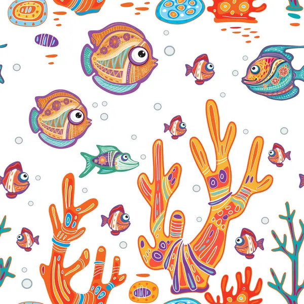 装飾的な魚およびサンゴおよび藻類が付いている継ぎ目が無いパターン ストックベクター