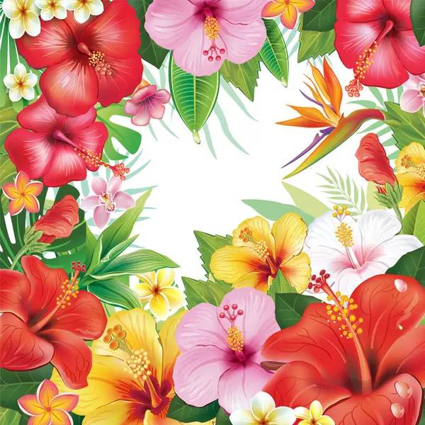 芙蓉花和热带叶子的边疆 — 图库矢量图片