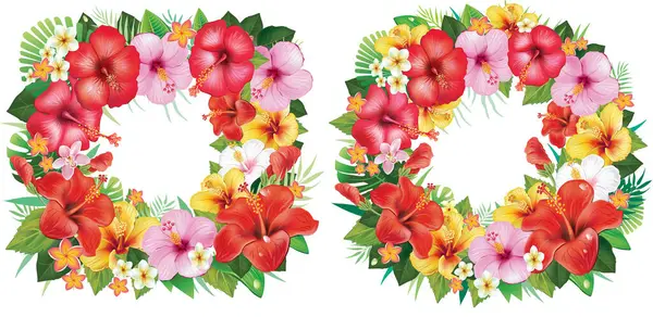 Ram Och Krans Från Hibiscus Blommor Och Tropiska Blad Stockvektor