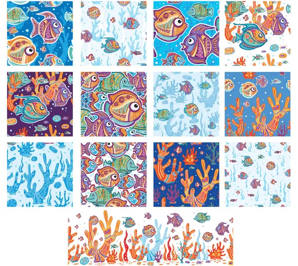 Sada Bezešvých Vzorů Dekorativními Rybami Korály Řasami Royalty Free Stock Ilustrace