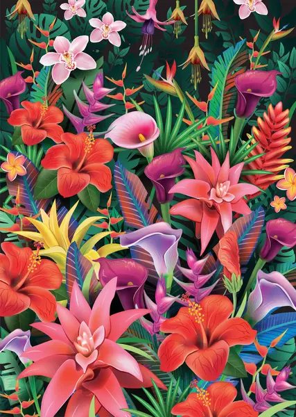 Fondo Plantas Tropicales Flores Exóticas Ilustración Vectorial Vectores de stock libres de derechos